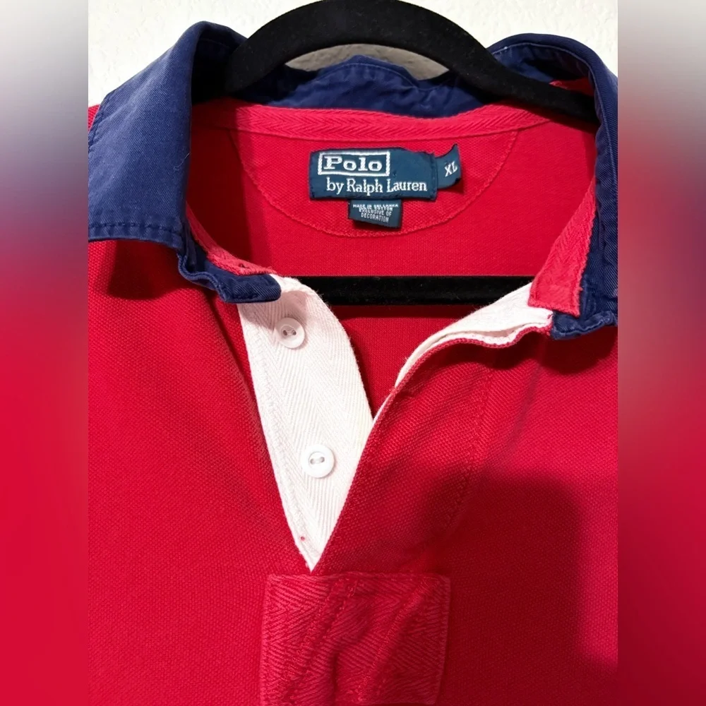 Vintage Polo Ralph Lauren Rugby Red Shirt with Navy Accents Big Pony #3 Sleeve